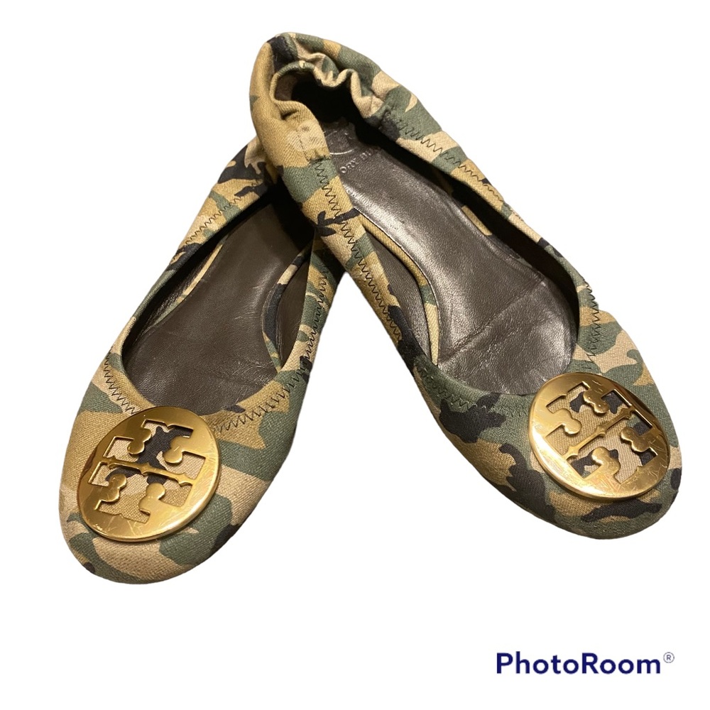 Tory Burch Printed Camo Ballet Flats With Gold Logo Women’s Size 8.5